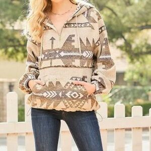 Mainstrip downtown LA Aztec pulloversized Patterned woman’s Sweater hoodie tan